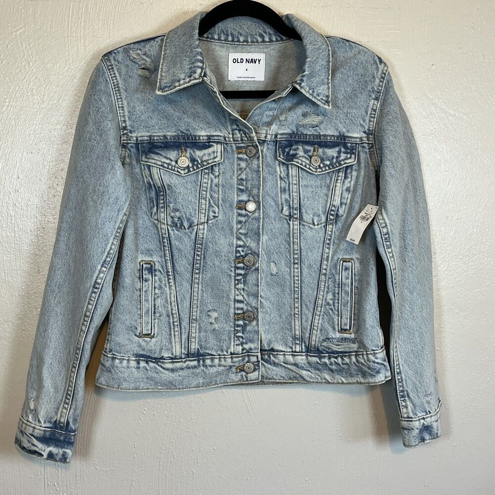 Old Navy Womens Boyfriend Distressed Light-Wash Jean Jacket Size S NWT $45